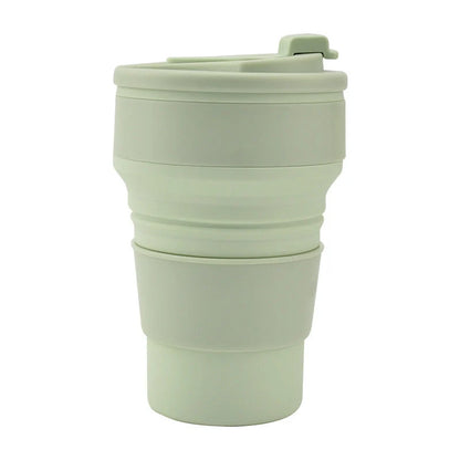 Collapsible silicone travel mug with leak-proof cover in various colours