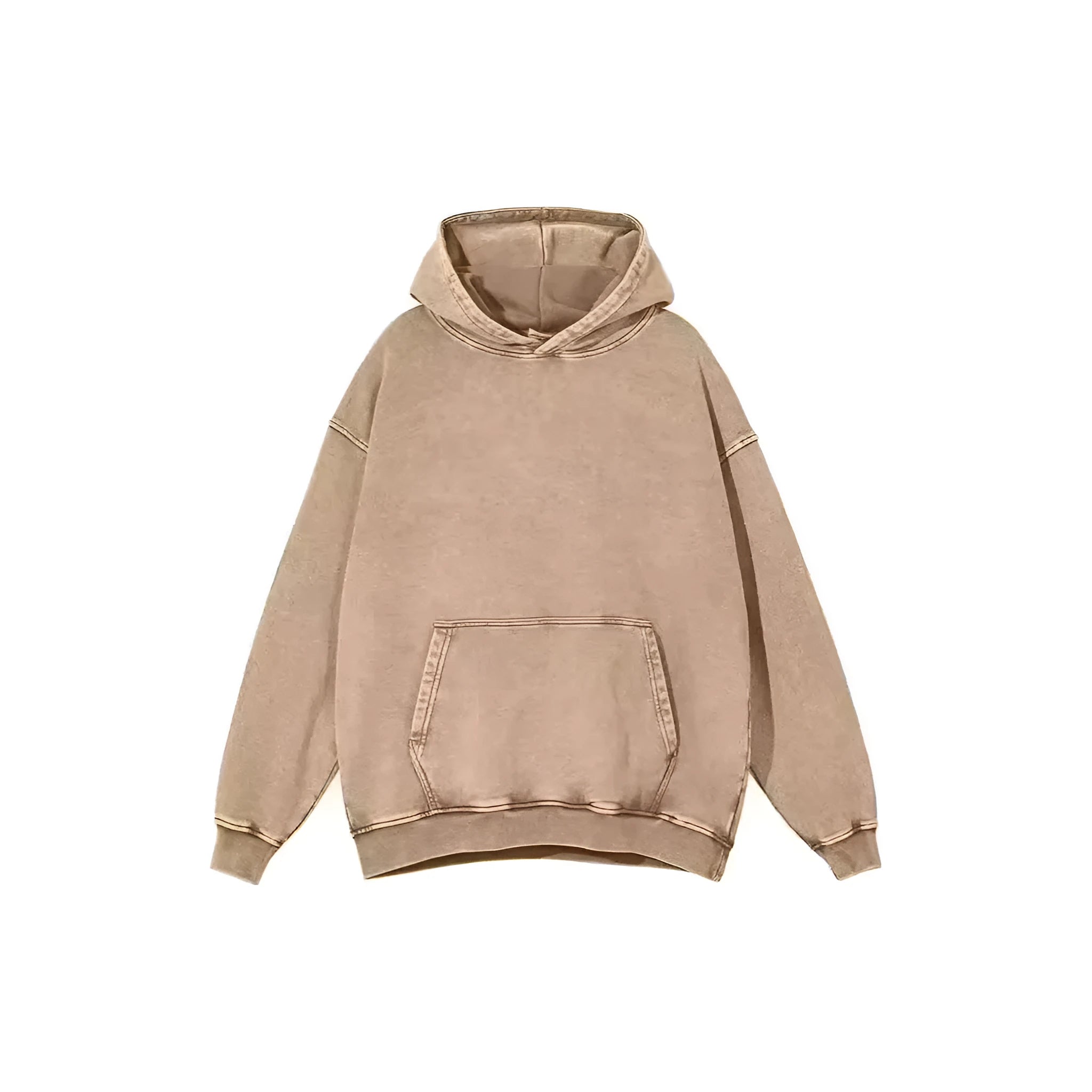 Man wearing a loose, brown, batik-washed cotton pullover hoodie with drop-shoulder sleeves.