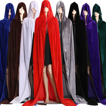Golden velvet Halloween cloak in purple, 130 cm length with 48 cm hood and neck tie for wizard cosplay