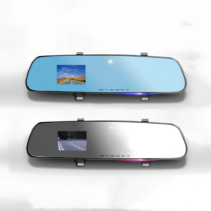 1080P HD rearview mirror driving recorder with 30cm x 8cm size, dual lenses, and motion detection display