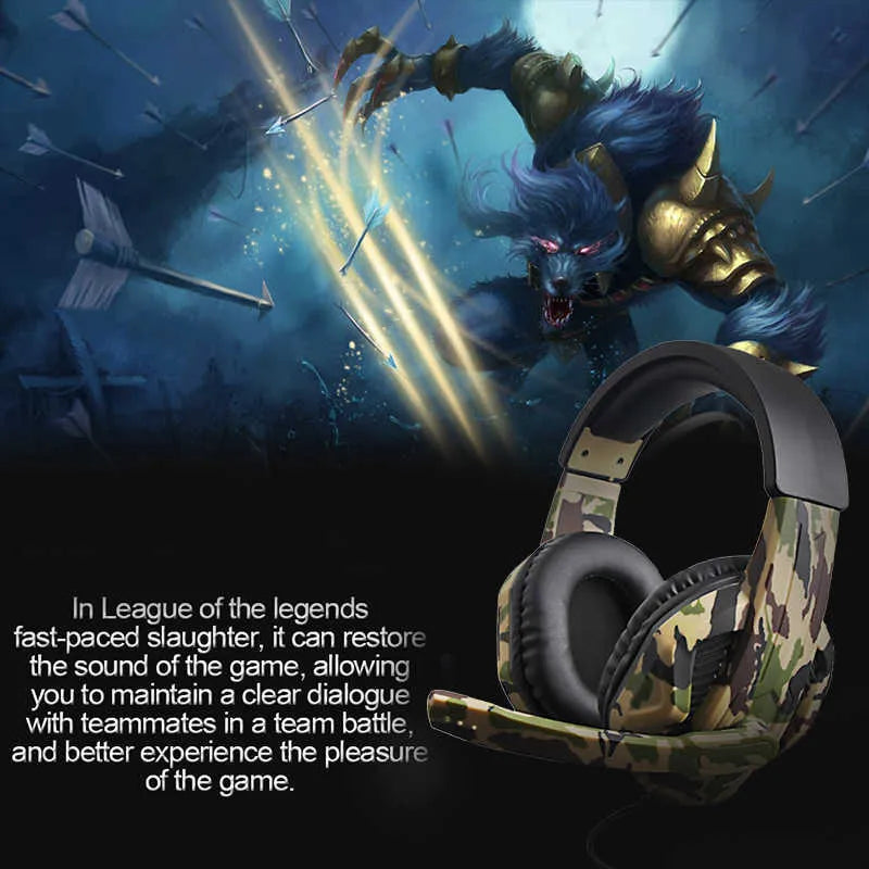 Camouflage gaming headset with black PU earmuffs and flexible microphone on a dark background
