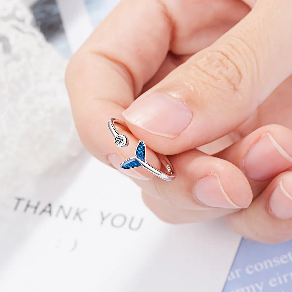 Blue mermaid tail cuff ring with cubic zirconia and epoxy accents, adjustable 17mm, white gold finish