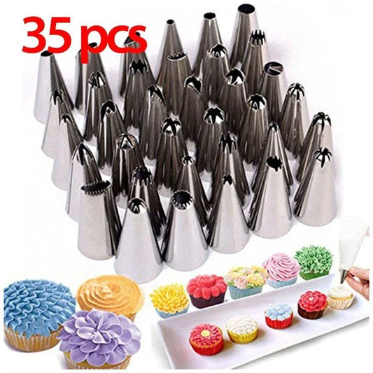 Premium 35-piece set of tulip flower piping nozzles made from 430 stainless steel for baking and cake decorating