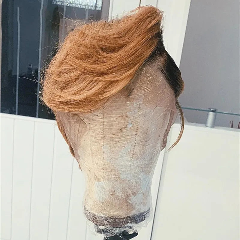 High temperature silk short straight wig side-mixed blonde colour 35cm front view