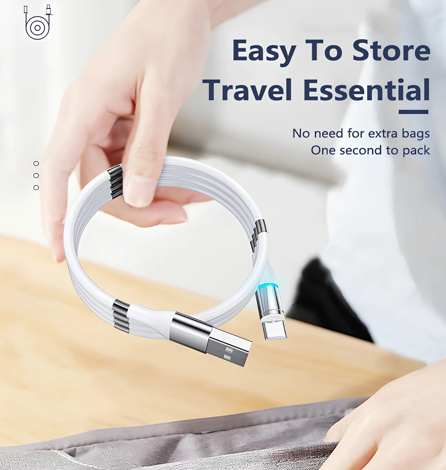 Black 3A magnetic fast charging data cable with Type-C and Apple heads, 1.8m length for iPhone and Android