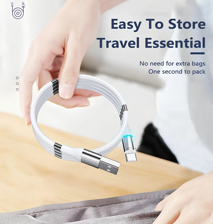 Black 3A magnetic fast charging data cable with Type-C and Apple heads, 1.8m length for iPhone and Android