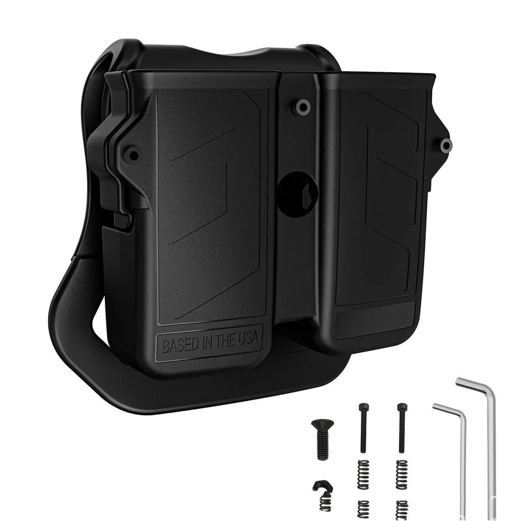 Black nylon magazine holder with a magazine inserted, set on a desk surface