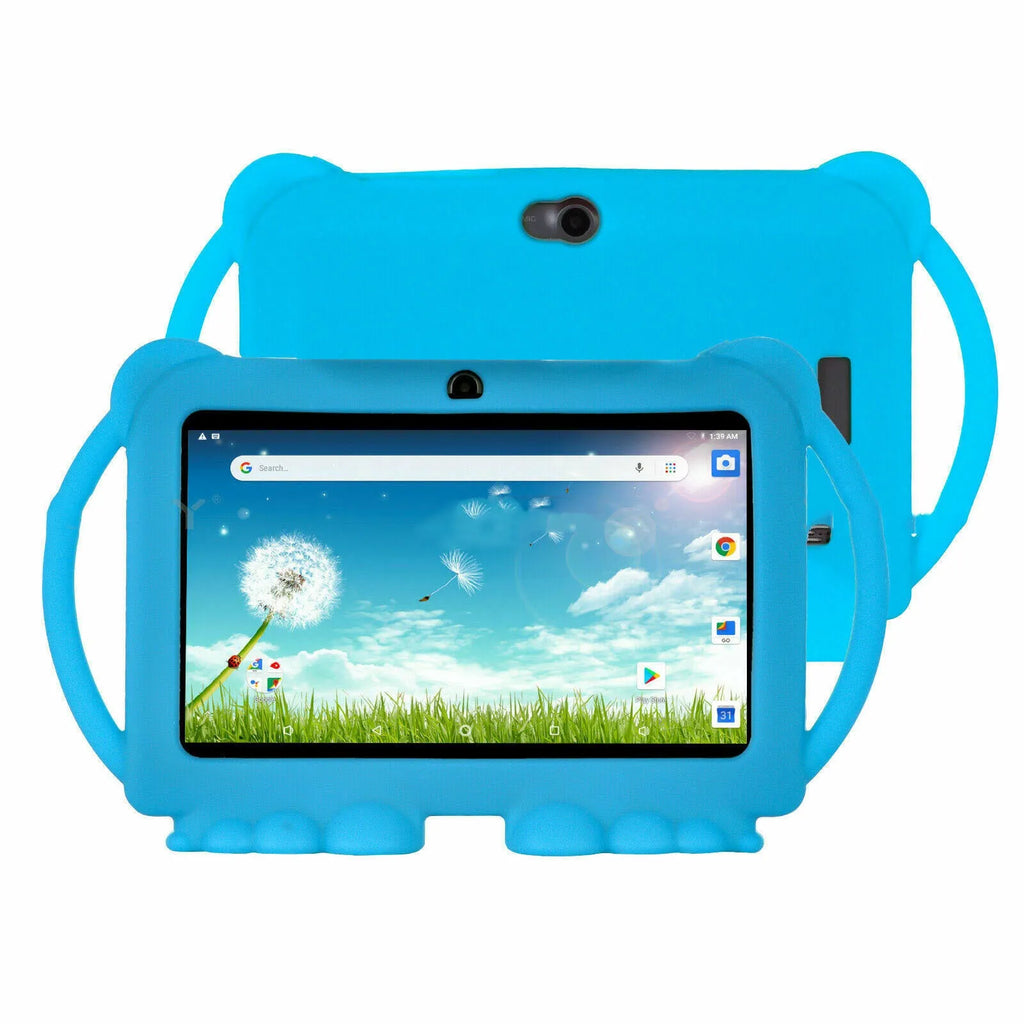 Children's smart tablet with 7-inch screen, plastic body, blue colour, front camera visible, on white background