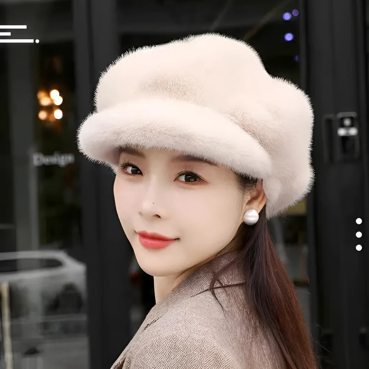 Women's knitted fake mink dome pumpkin hat in beige, one size 54-58 cm, warm and windproof for autumn winter