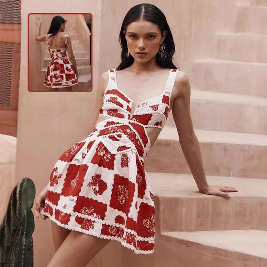 Women's red floral print sling dress with V-neck design