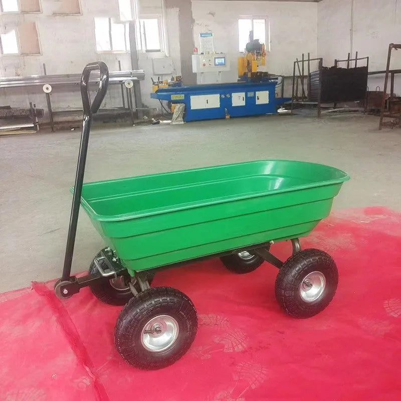 Green four-wheel plastic dump truck with steel frame and tipping bed