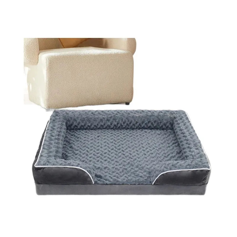 Waterproof dog kennel mat with removable cover in light grey, shown in a large dog crate.