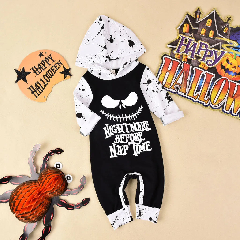 Black cotton hooded Halloween romper for a child, showing long sleeves and full-length legs.