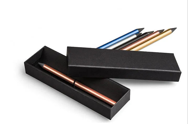 Inkless metal pen in silver, gold, rose gold, black, or blue with 0.5mm alloy tip, spare nib, and presentation box.