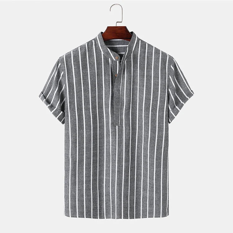 Men's striped casual short sleeve shirt in 100% cotton, available in white, red, gray, and blue.