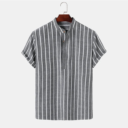 Men's striped casual short sleeve shirt in 100% cotton, available in white, red, gray, and blue.