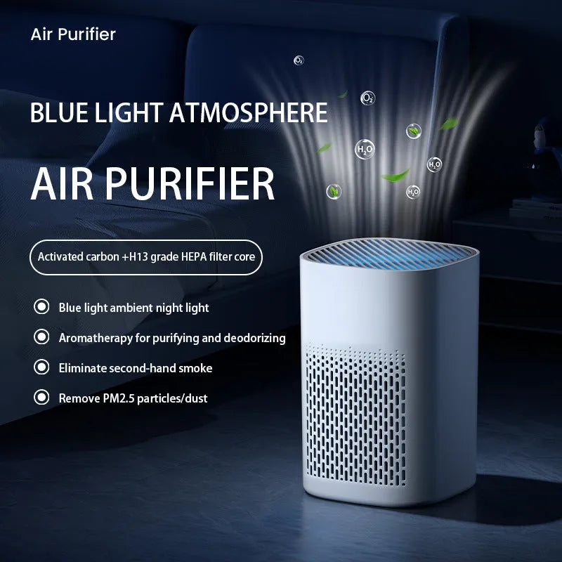 Desktop air purifier machine with USB cable on a work desk