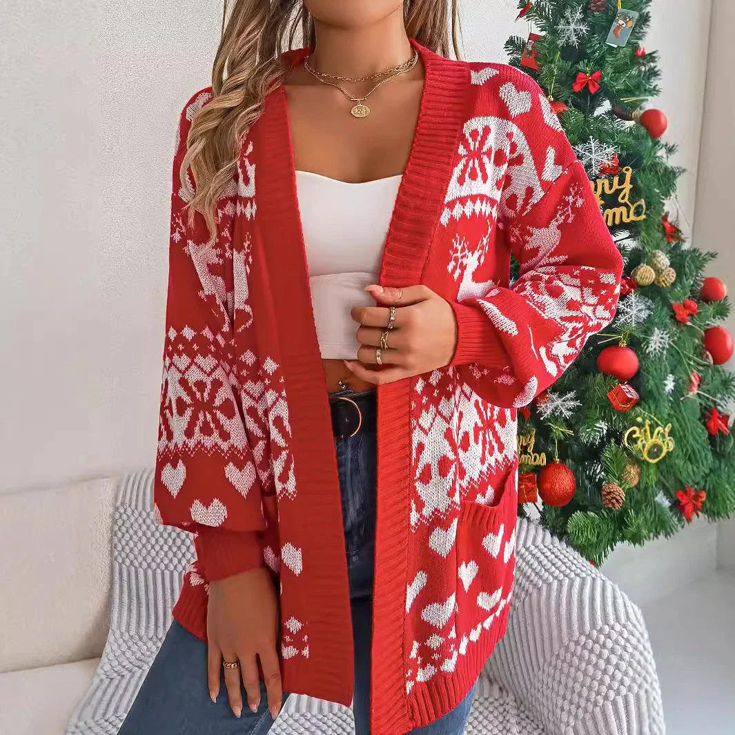 Cozy Christmas Sweater: Women's Oversized Deer Cardigan in Red, Green, and White colors