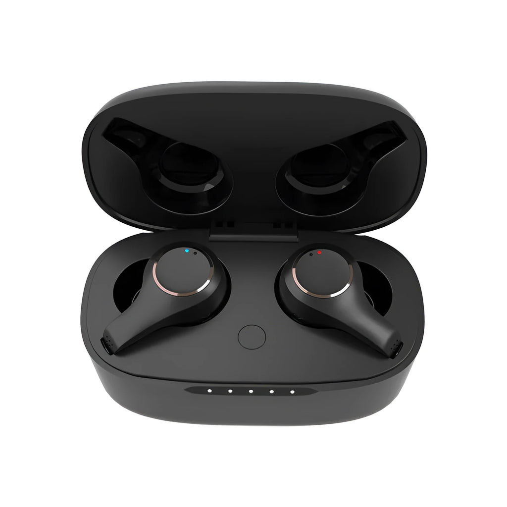 Black and white ANC active noise cancelling Bluetooth wireless earbuds with charging case