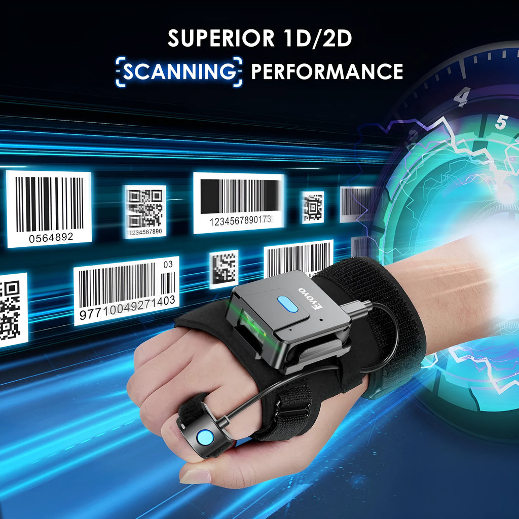 Portable wrist-worn barcode scanner glove with integrated handheld gun and Bluetooth wireless unit.