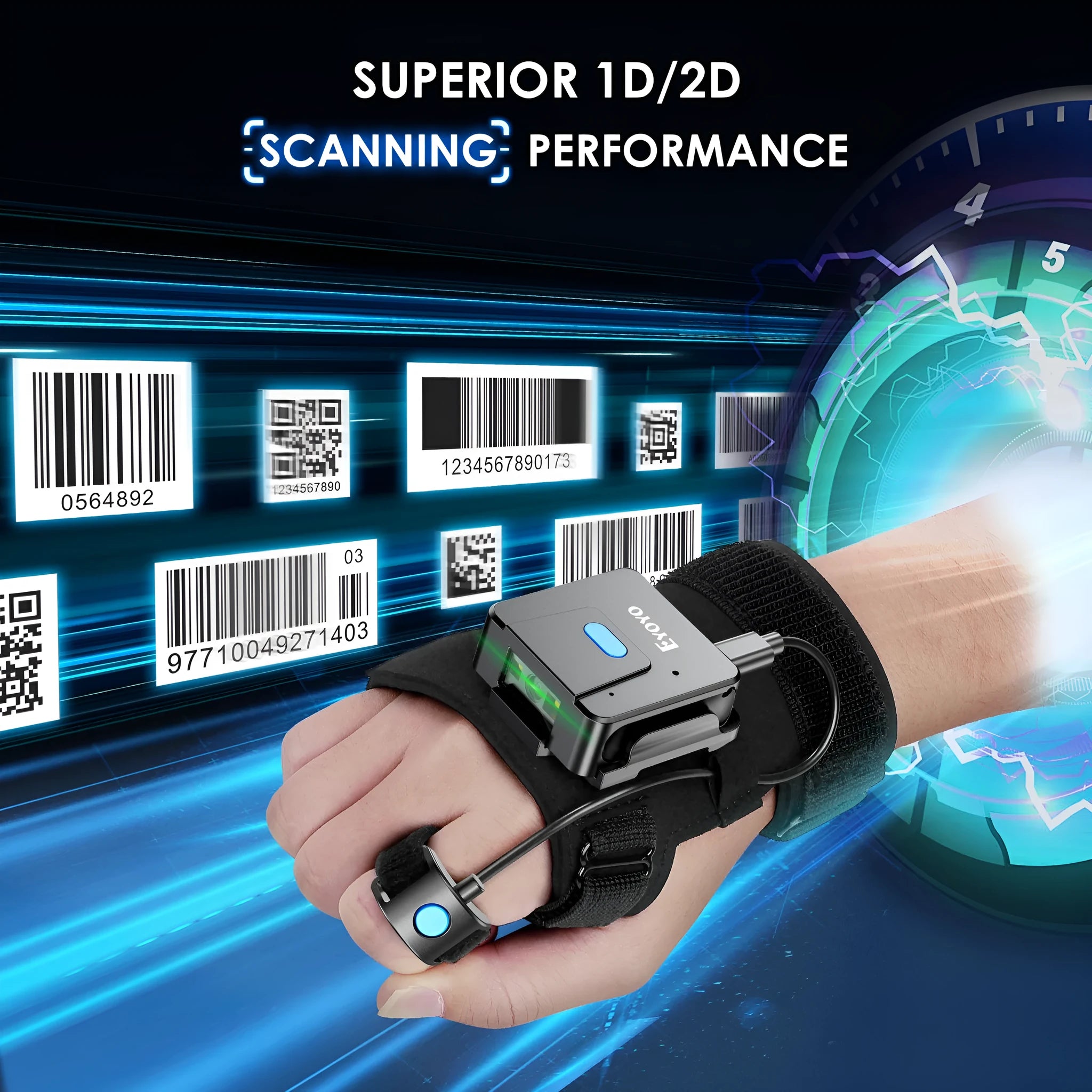 Portable wrist-worn barcode scanner glove with integrated handheld gun and Bluetooth wireless unit.