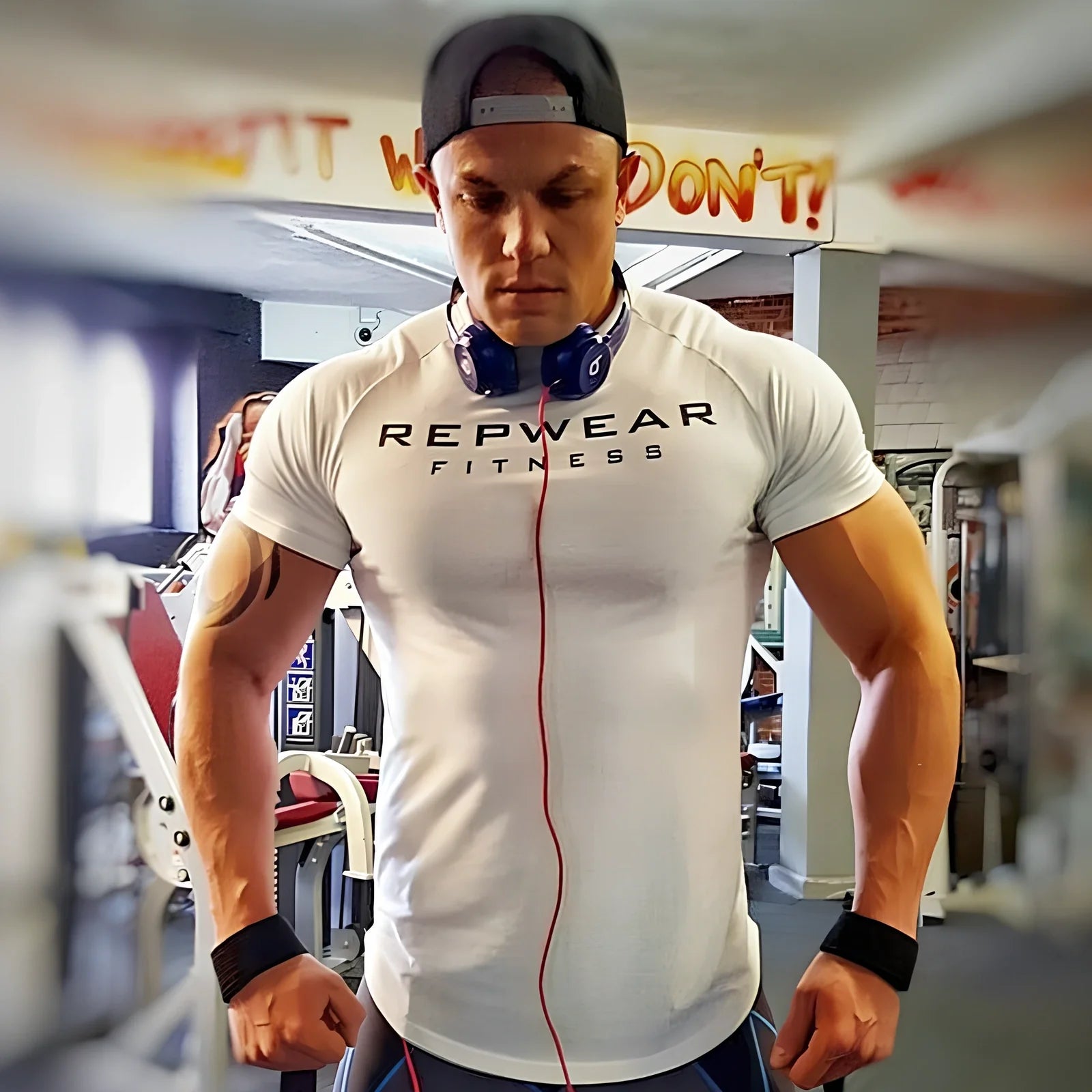 Slim-fit quick-drying stretch short-sleeve t-shirt in black with embossed letter prints, round neck, sizes M-XXL