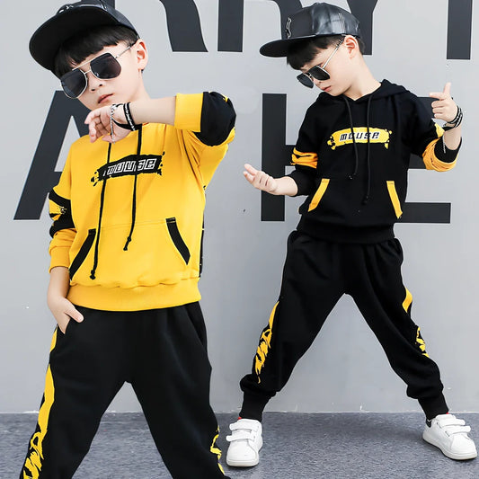 Boy's black hooded cotton sports suit two sets, long sleeve pullover top and trousers, 95% cotton for ages 8+