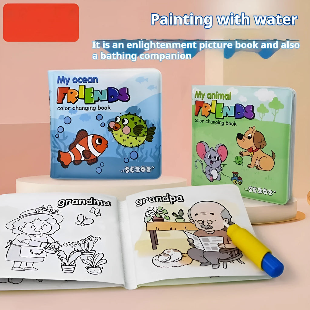 Magic Water Painting Colour Changing Bath Book with PEVA pages for baby bath time, showing animal friends theme