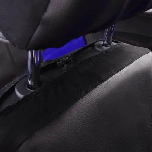 Artificial leather car seat cover set showing front seat, headrest, and rear seat components in grey.