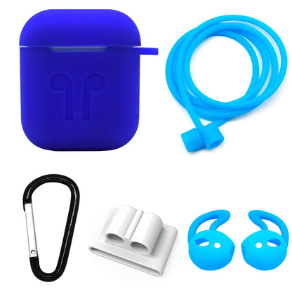 Black silicone protective cover for AirPods with 10cm anti-loss rope, hanging buckle, and earplug sleeves, weighing 36g total