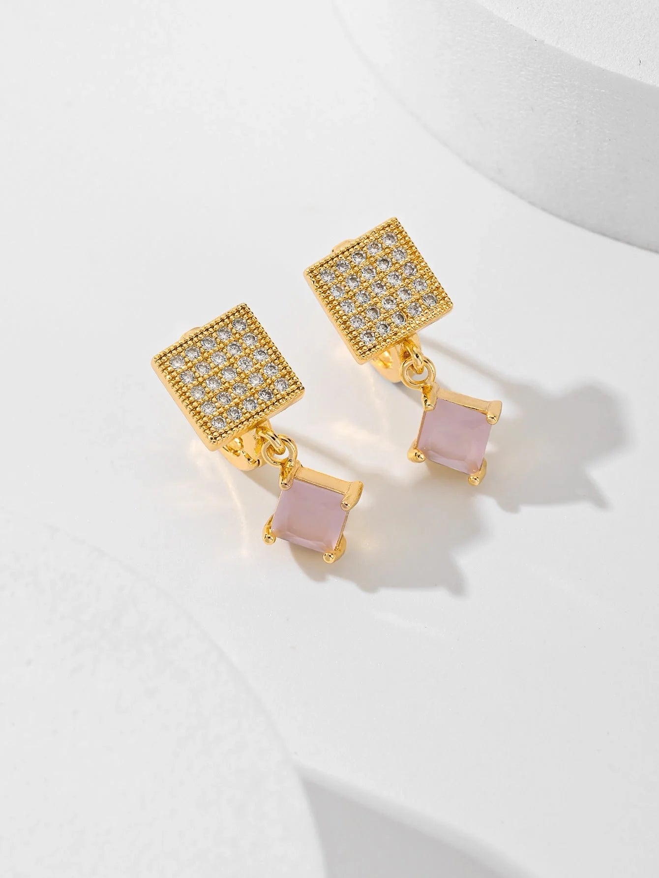 Square zircon stud earrings in six colours: black, red, green, white, champagne, and pink.