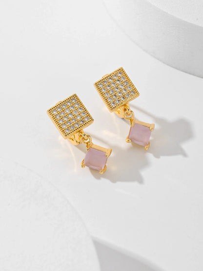 Square zircon stud earrings in six colours: black, red, green, white, champagne, and pink.