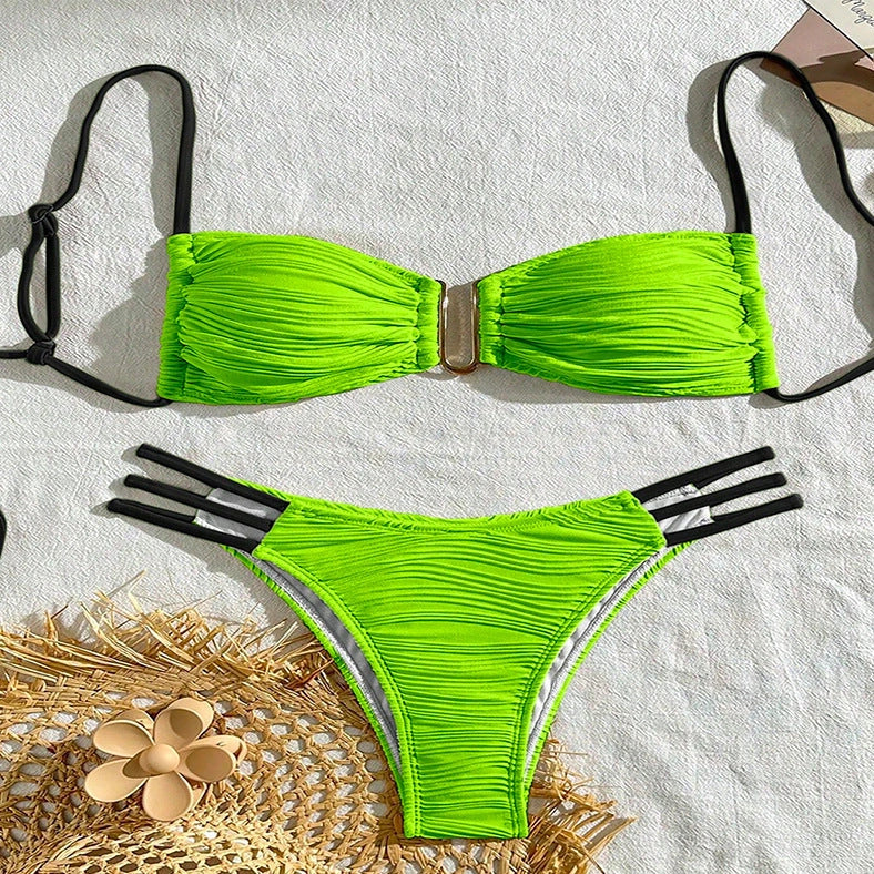 Women's striped polyester swimsuit in khaki, brown, white, black, or green for beach and hot spring activities