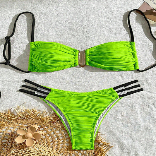 Women's striped polyester swimsuit in khaki, brown, white, black, or green for beach and hot spring activities