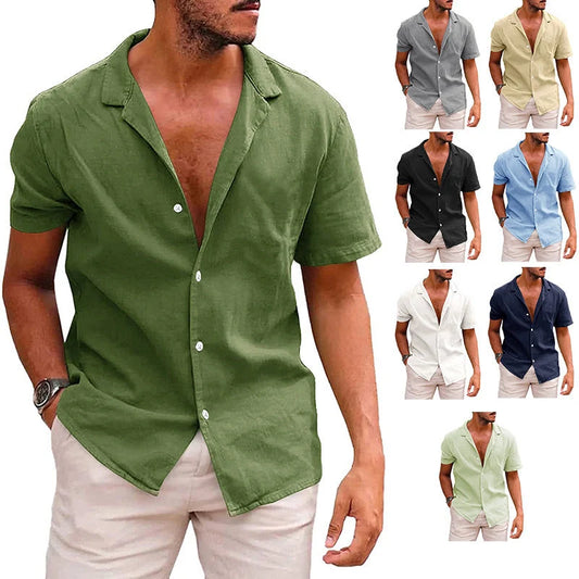 Men's linen-cotton blend short sleeve summer shirt in various colours