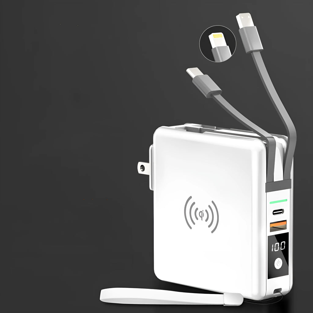 Black Super QI wireless power bank with integrated international plug adapters showing PD20W fast charging port.