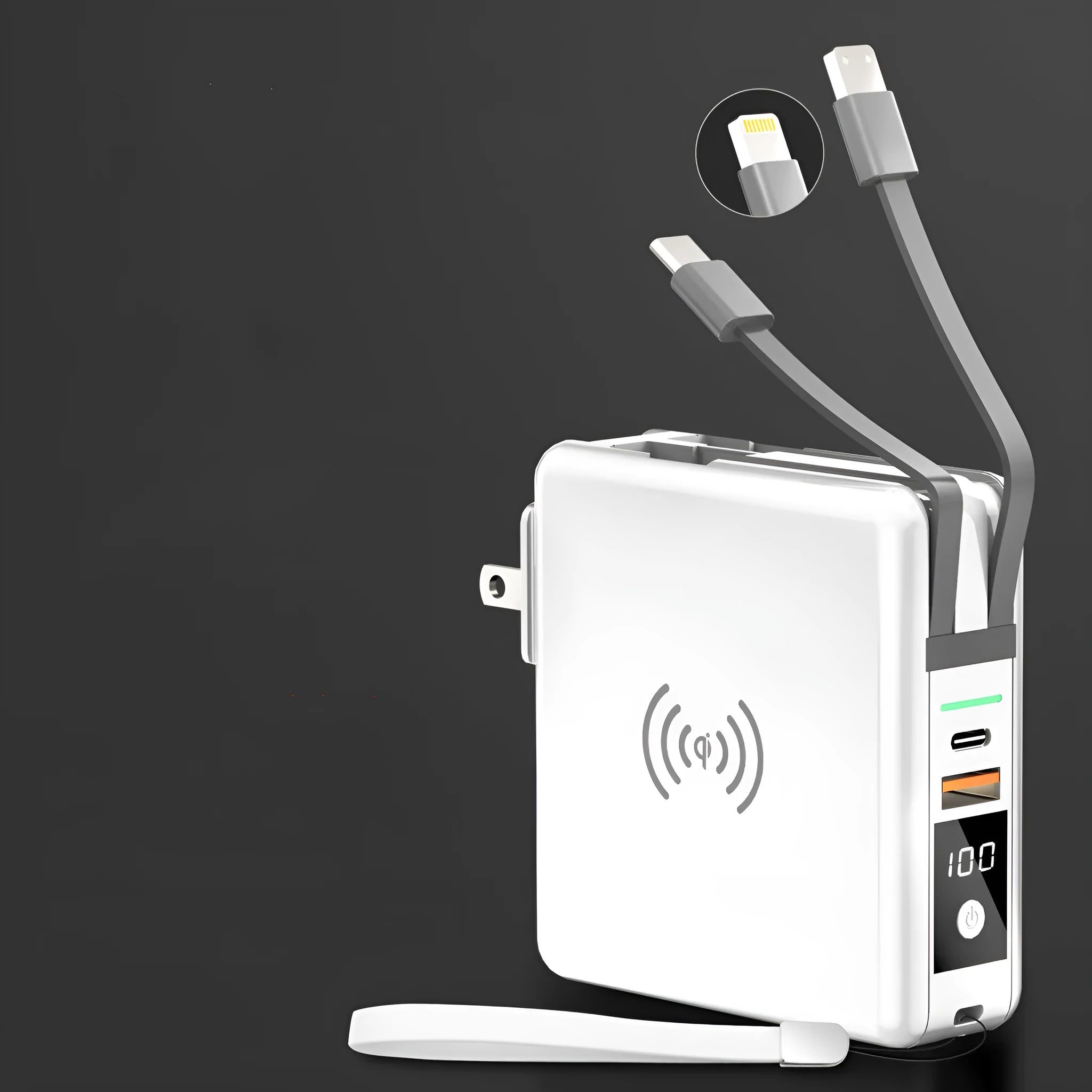 Black Super QI wireless power bank with integrated international plug adapters showing PD20W fast charging port.