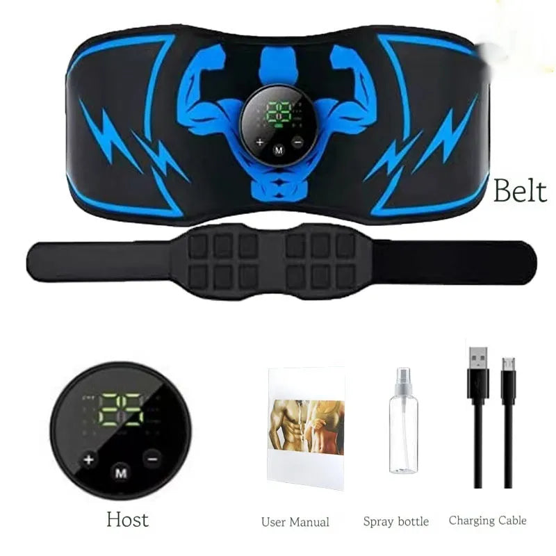 Blue rechargeable EMS abdominal stimulation belt with wireless remote control and arm stickers.