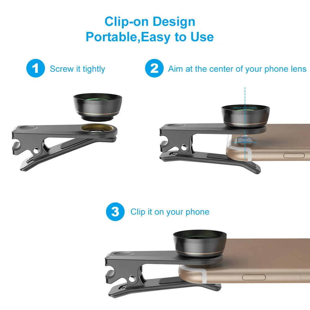 Black 6-in-1 universal smartphone lens kit with fisheye, macro, wide-angle, telephoto, CPL and star filter lenses and a clip.