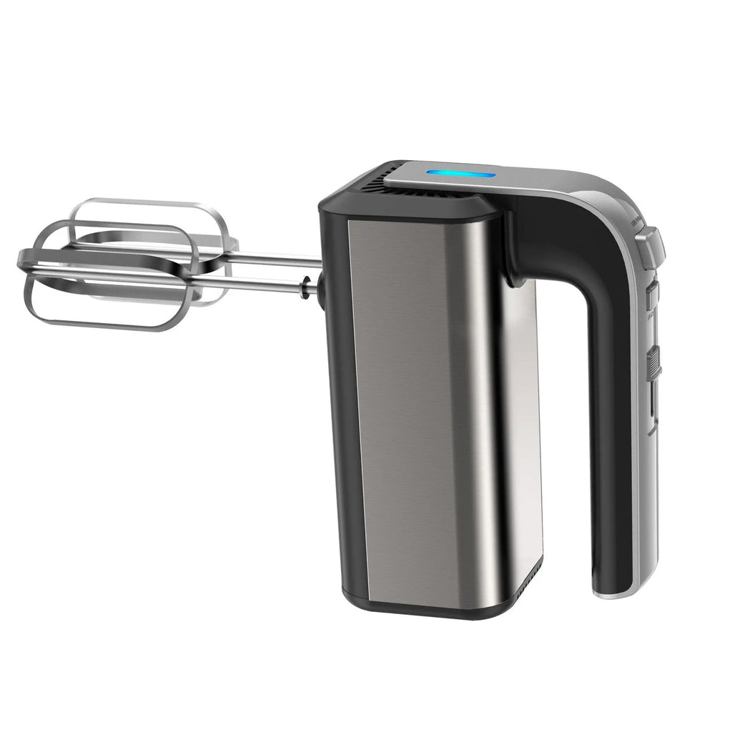 Silver mini electric handheld whisk with stainless steel beaters on a 5-speed control unit.