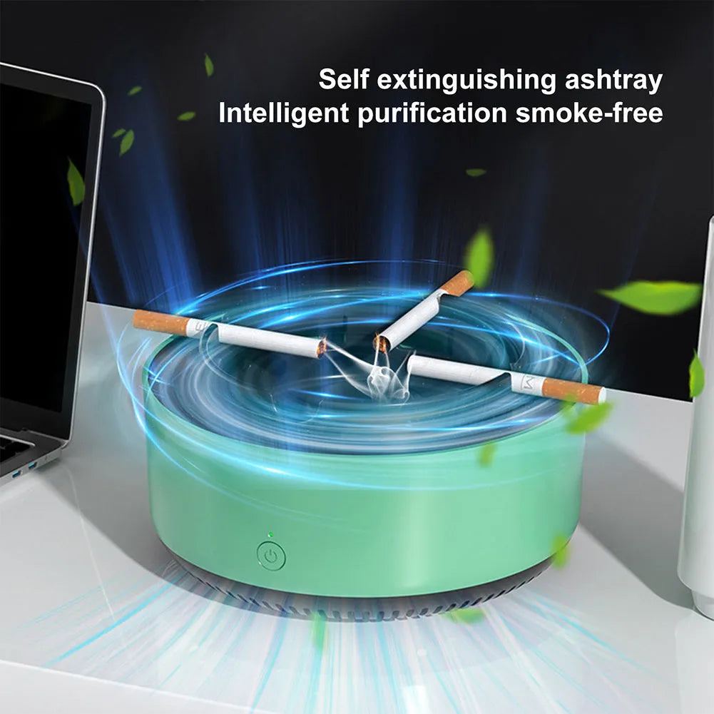 Grey electronic ashtray air purifier with cigarette grooves and a compact design.