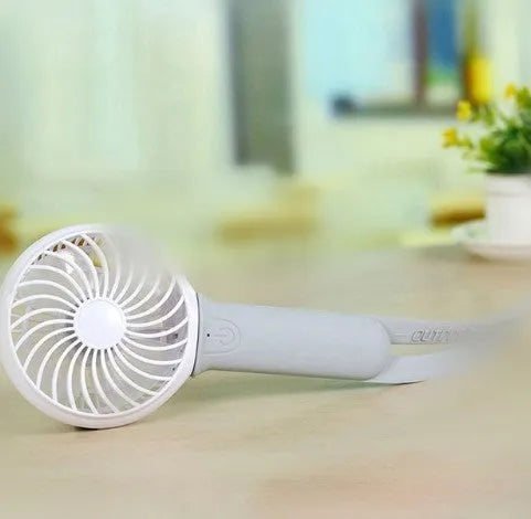 Mini USB hand fan with LED light in blue, green, grey, or pink, showing 200mm blades and compact design
