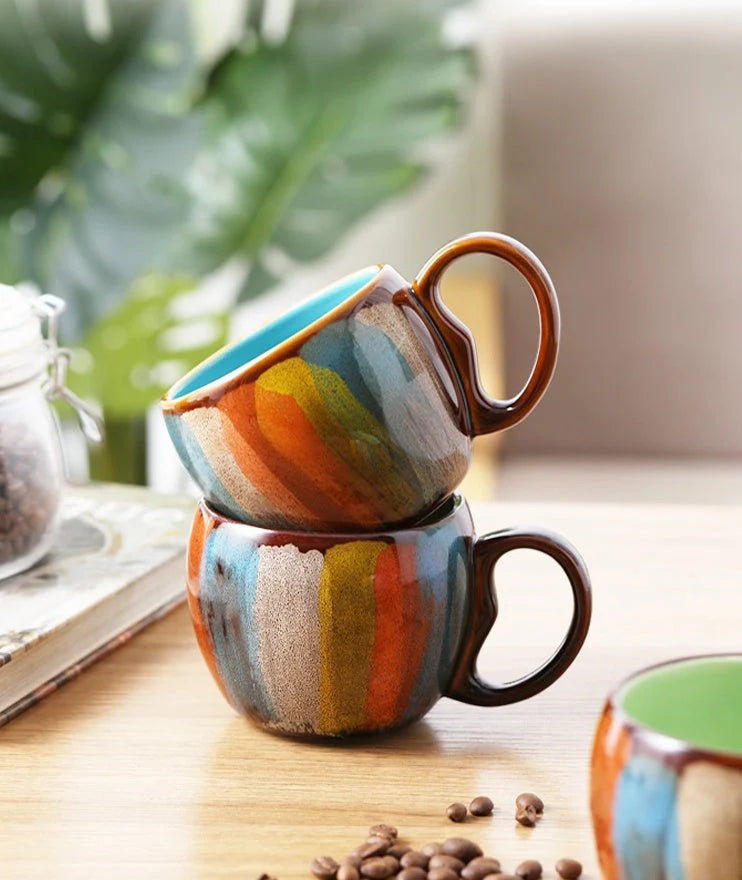 Handmade ceramic cup set with lid and spoon in vibrant colours, 350ml capacity