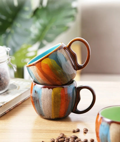 Handmade ceramic cup set with lid and spoon in vibrant colours, 350ml capacity