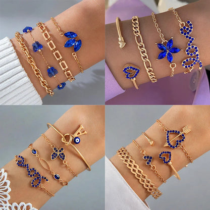 4-piece blue flower and butterfly bracelet set with rhinestones for Valentines Day