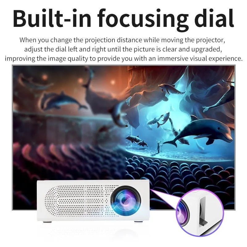 Portable mini projector in black with wired cable for mobile phone screen mirroring