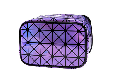 3D laser engraved cosmetic bag in blue, 19cm x 12cm x 13cm, with structured compartments for makeup storage