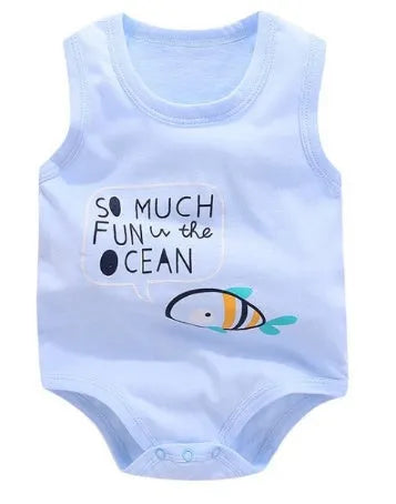 Sleeveless white baby vest with a colourful Totoro print, shown flat.