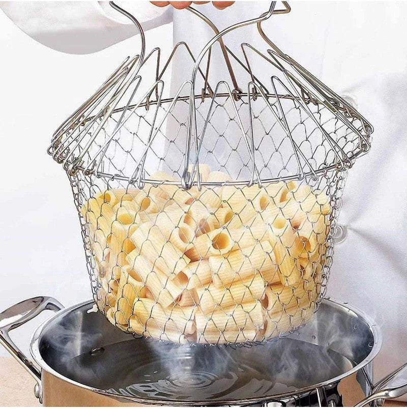 Stainless steel foldable deep fry basket for kitchen use