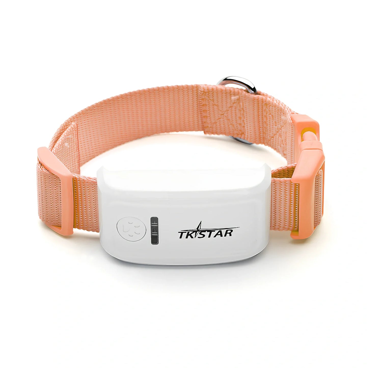 Black cat GPS tracker device with collar attachment showing 44g weight and waterproof design